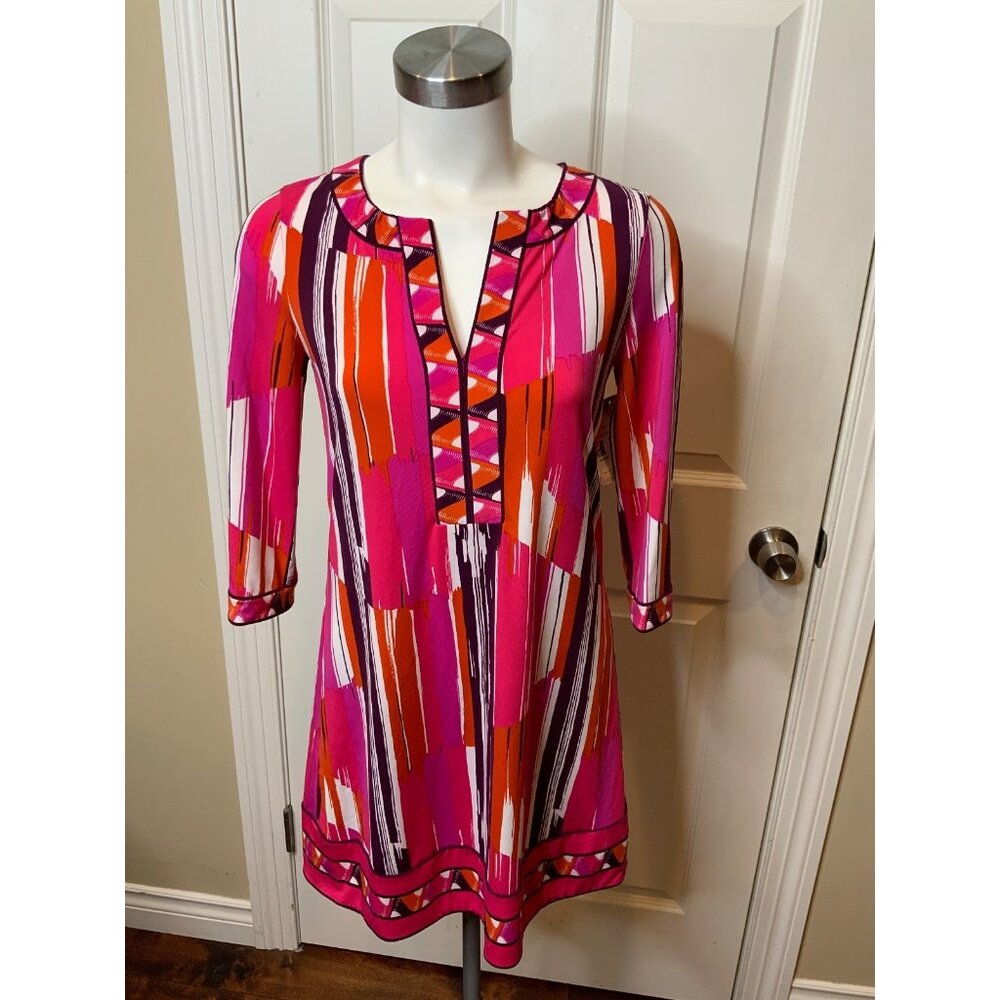 BCBG Max Azria Pink, Orange, White & Maroon Patterned Shift Dress, Size XS